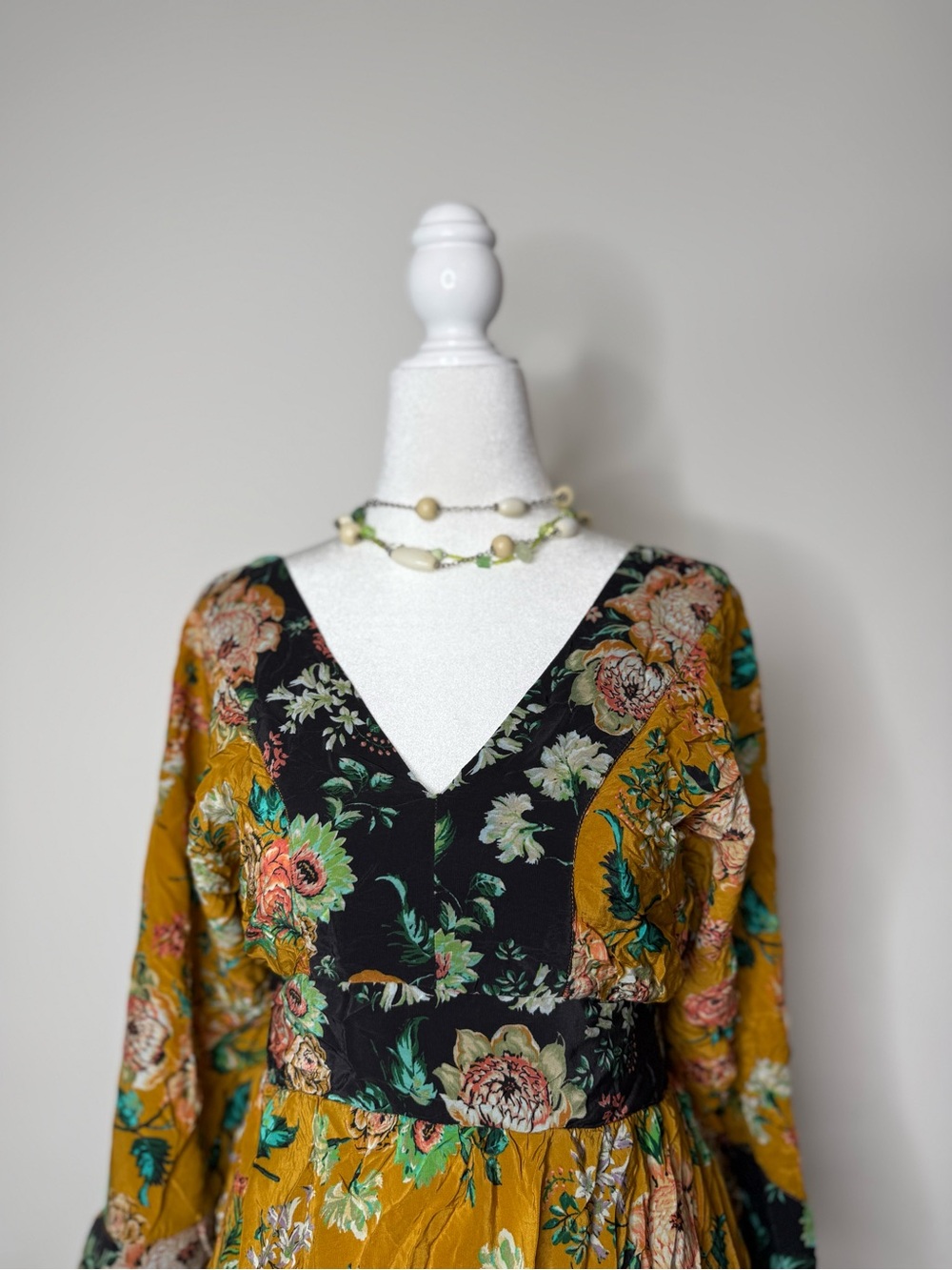 Anthropologie Mustard and Green Floral V-Neck Maxi Dress - Picture 8 of 13